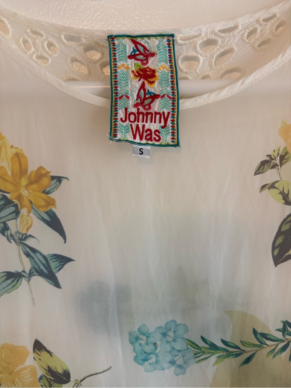 JOHNNY WAS Vintage Look Floral Print Sleeveless Dress. Sheer! White Yellow - Picture 2 of 8